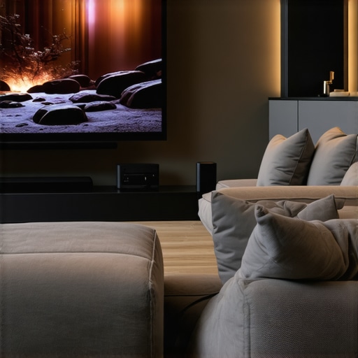 Luxury Home Theater Setup with 4K Laser Projector Modern home theater with a 4K laser projector and large screen.