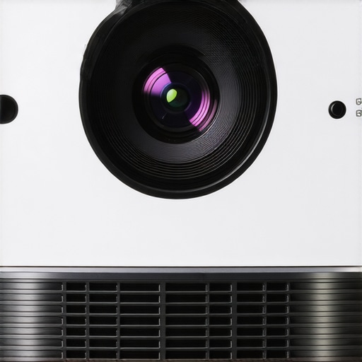 Modern 4K Home Projector Design Close-up of a sleek 4K projector with illuminated controls and durable casing