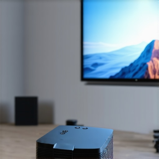 A sleek, contemporary 4K projector with a matte black finish displaying in a stylish home theater.