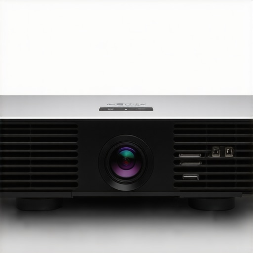 A sleek 4K projector displaying vibrant images on a wall with multiple connection ports visible.