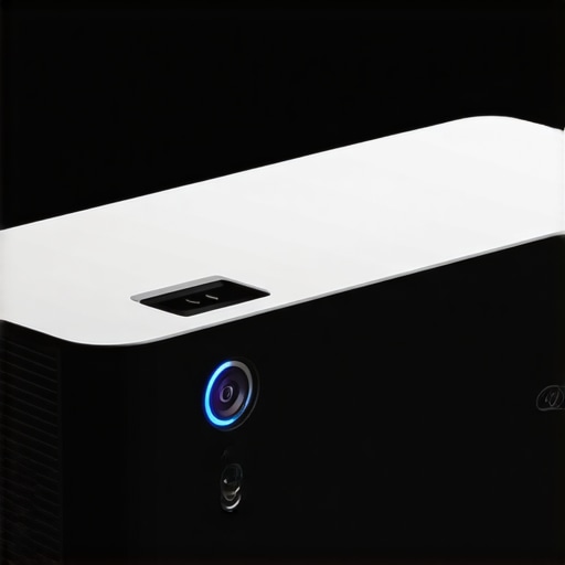 Modern Gaming Projector Design Close-up of a sleek gaming projector with illuminated ports in a dark gaming room.