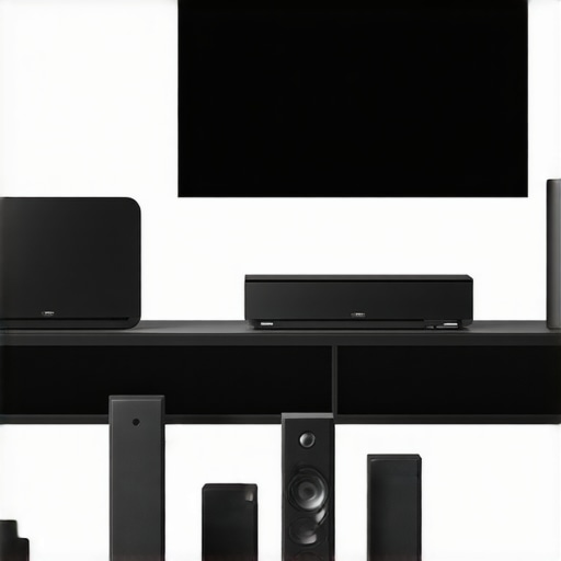 A sleek modern integrated home theater system with premium materials, wireless connectivity options, and calibration tools.