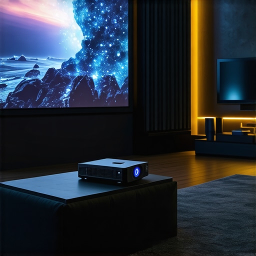 Home theater setup featuring 4K projector and surround sound system.