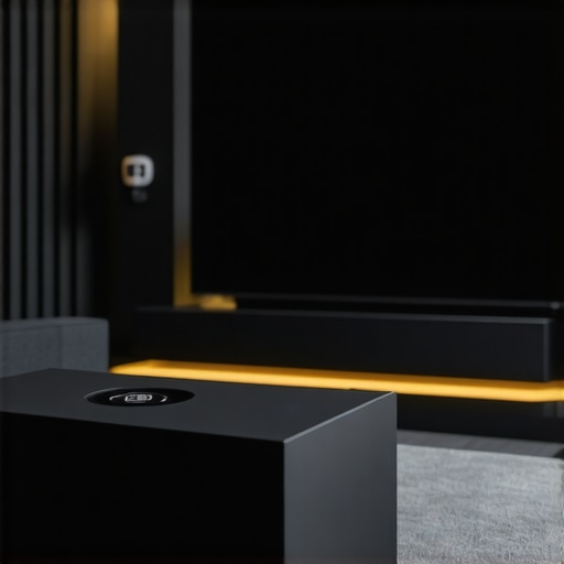 Sleek black laser projector in a stylish home theater environment.