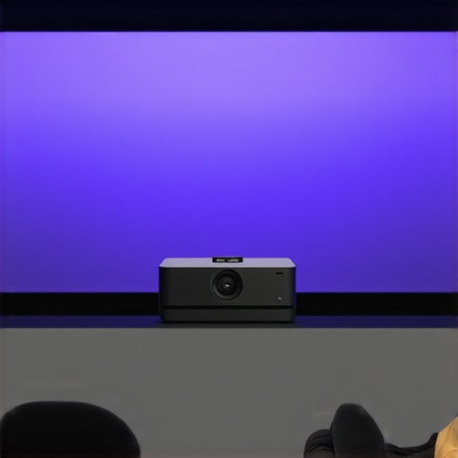 Modern Laser Projector in Home Theater A laser projector displaying a bright, vivid image on a large screen in a dimly lit room.