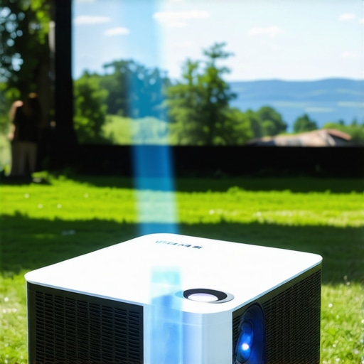 Portable 4K laser projector projecting bright image outdoors in sunlight.
