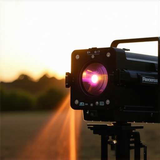 Outdoor Laser Projector in Action Laser projector displaying bright image outdoors at sunset