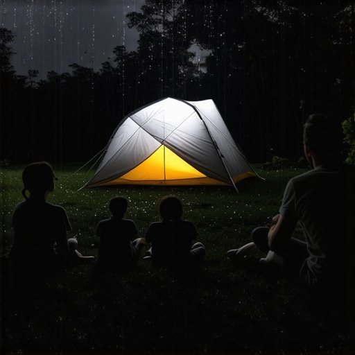 Family watching outdoor movie under rain-protected setup with portable projector.