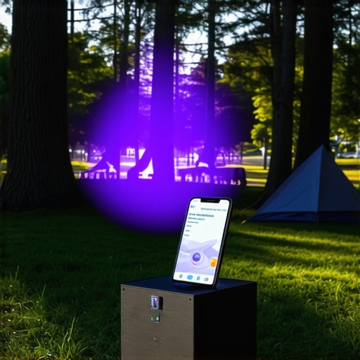 Portable laser projector in outdoor setting during dusk with smartphone control.