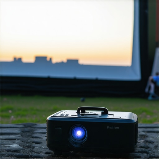 Portable projector projecting movie outdoors at dusk, designed for rugged use.