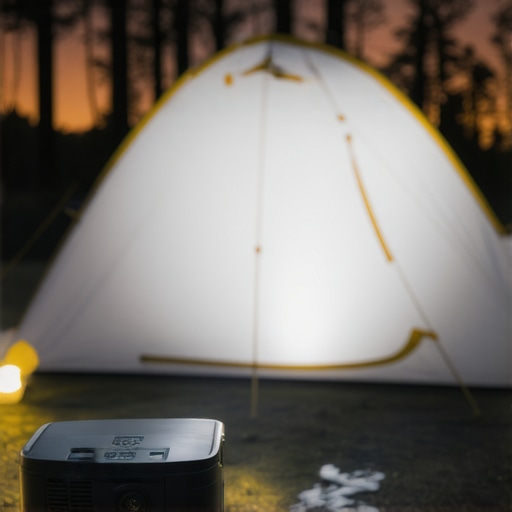 Outdoor Portable Projector in Use a portable projector projecting an image onto a tent wall outside at dusk, demonstrating durable design and brightness capabilities.