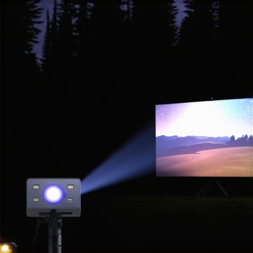 Outdoor Portable Projector in a Natural Setting A rugged portable projector outdoors during night, displaying a bright image on a screen surrounded by nature.
