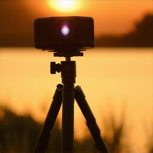 Projector outdoors on tripod during sunset illustrating portability and build