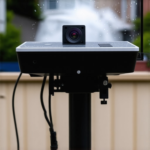 A projector set up outdoors during rain, demonstrating weather resistance capabilities.