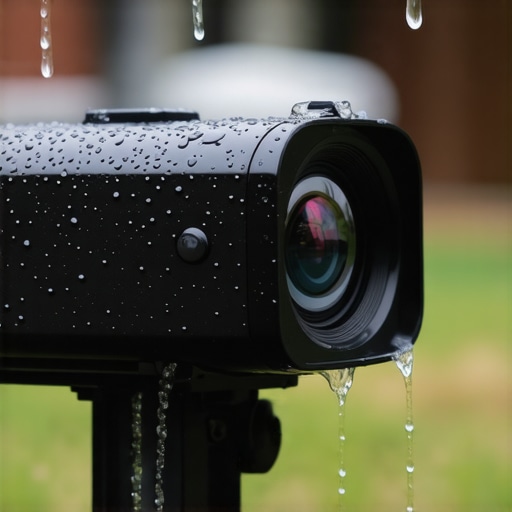 Portable projector in rain with rugged design and droplets on surface