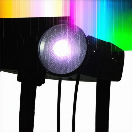 Outdoor Waterproof Portable Laser Projector A portable laser projector with waterproof casing operating outdoors in rain, projecting image.