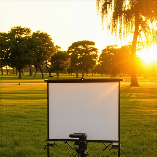 Portable projector outdoors at sunset