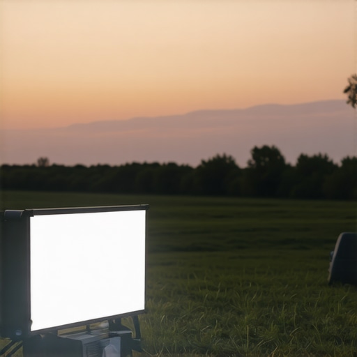 Outdoor portable projector in use Portable projector projecting movie outdoors at dusk.