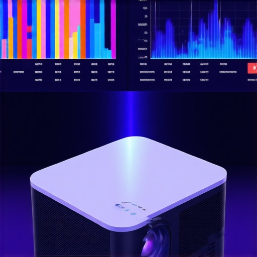 Compact portable 4K laser projector displaying bright, detailed images in a home theater setting
