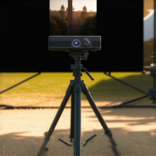 A small black 4K laser projector mounted on a tripod projecting a bright image onto a large outdoor screen.