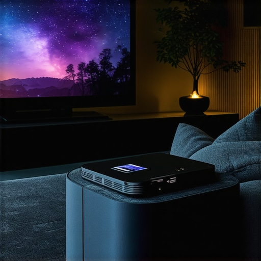 A compact portable projector projecting bright, clear 4K images onto a wall in a home setting.