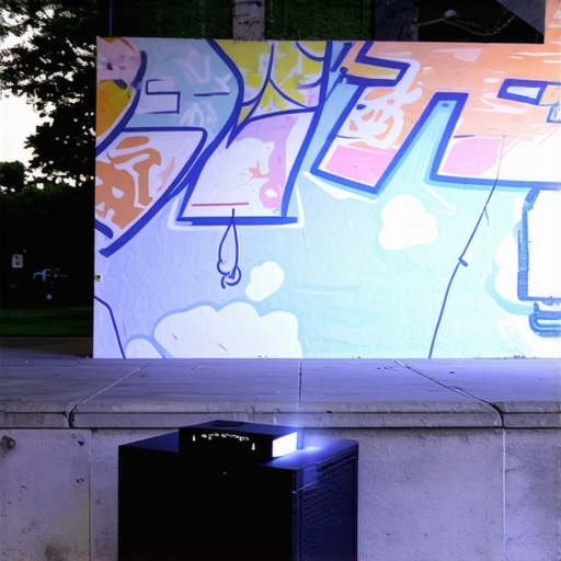 Portable projector connected wirelessly to a tablet during outdoor mural creation.