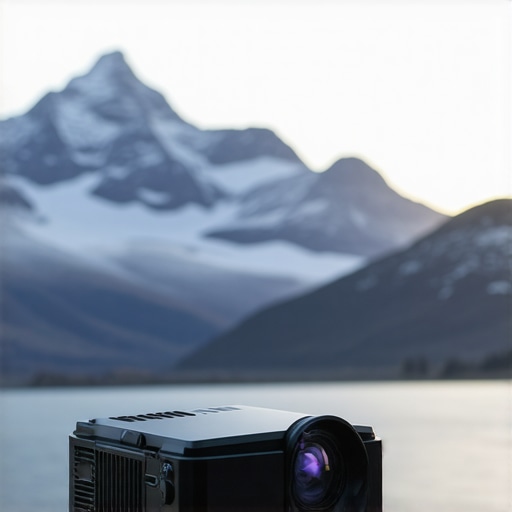 Portable Projector in Outdoor Setting Portable projector during camping in rugged outdoor environment