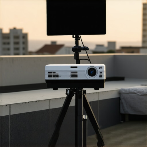A compact portable projector with adjustable stand outdoors at sunset.