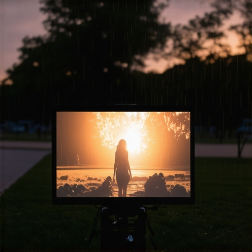 Portable projector in rain Portable projector outdoors in rain showing bright 4K image