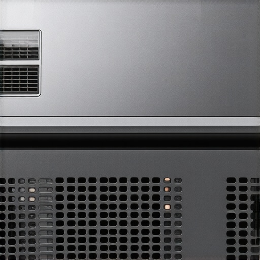 Close-up of the metallic casing and ventilation of a high-end 4K laser projector.