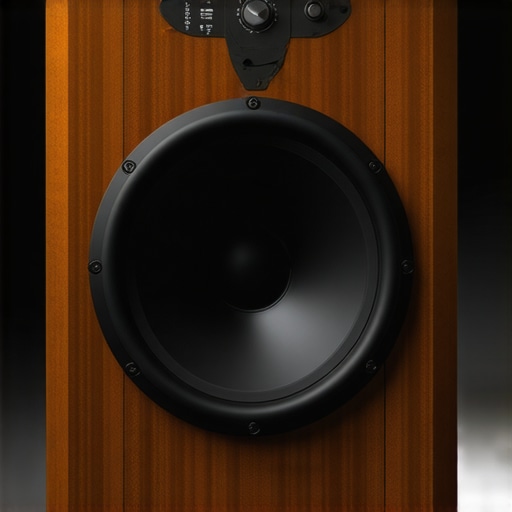 Premium Home Theater Subwoofer Design A sleek, high-quality subwoofer with a wood finish and adjustable control panel.