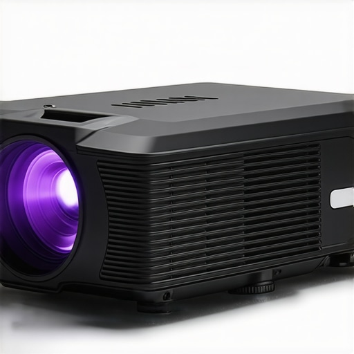 Close-up of a modern portable projector showing controls and projection output.