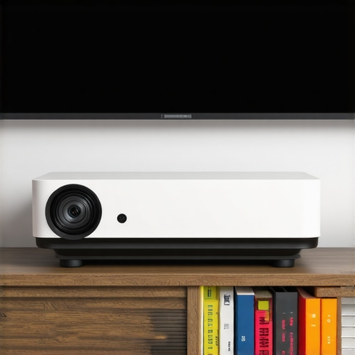 Premium UST Projector Design Close-up of a modern, minimalistic ultra-short throw projector on a media shelf