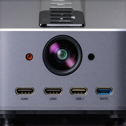 Close-up of a home theater projector highlighting ports and wireless indicators.