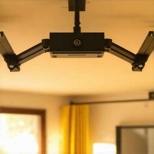 Projector Ceiling Mount Showcase Close-up of a sturdy, adjustable ceiling mount supporting a projector.