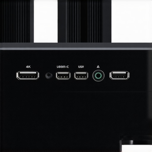 Close-up image of a projector's port panel with HDMI, USB-C, and audio connections.