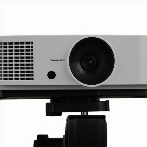 Close-up of a projector mounted on an adjustable arm with focus and keystone controls
