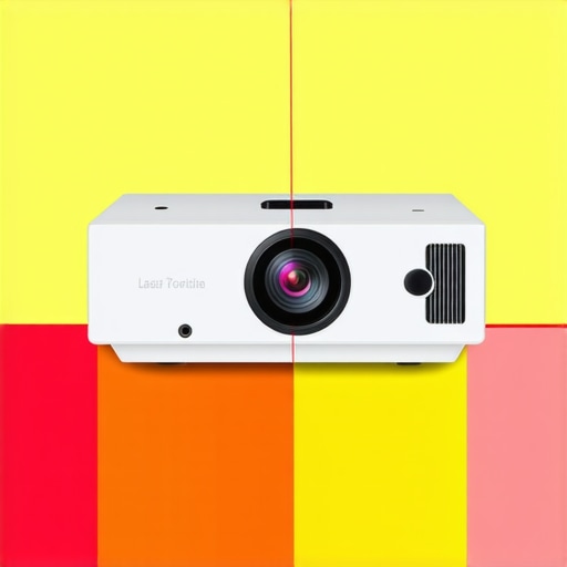Illustration of laser projector mounted on ceiling with adjustable brackets and alignment features.