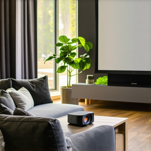 Projector setup in bright room Ceiling-mounted UST projector casting vivid image on ALR screen in daylight environment.