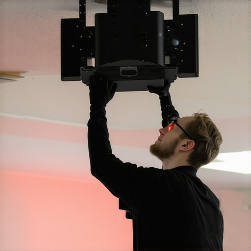 Setting Up a Large Laser Projector Technician installing a laser projector on the ceiling of a church