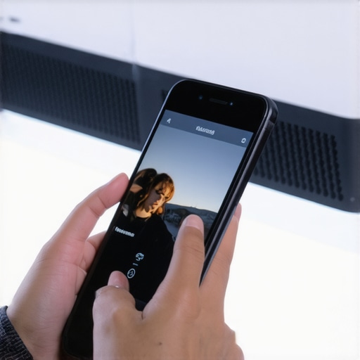 Smartphone controlling a projector app interface. User controlling a smart projector with a smartphone app.