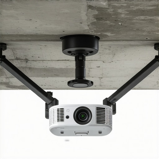 Solid Projector Mount on Concrete Ceiling A durable projector mount fixed on a concrete ceiling with adjustable positioning arms.