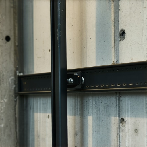 Steel Projector Mount for Concrete Walls Detailed image of steel projector mount with adjustable joints mounted on concrete wall.