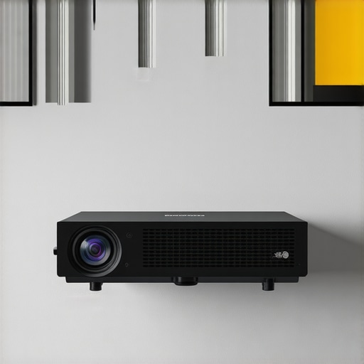 UST Projector Design A modern ultra-short throw projector mounted on a home theater wall, showing adjustable lens and ports.