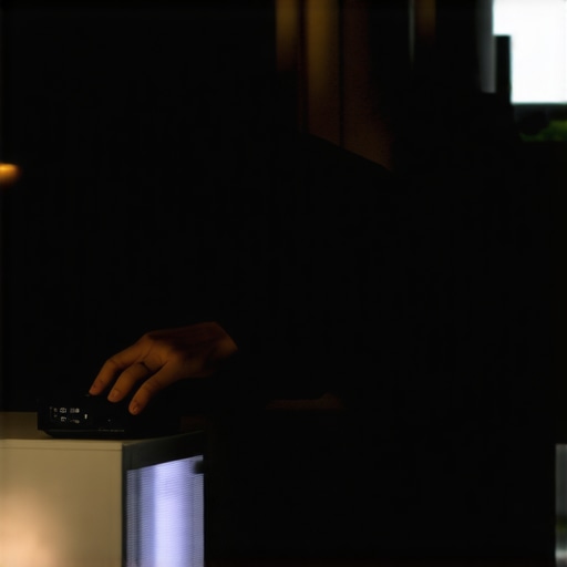 Person setting up a portable projector on a table in a home theater environment