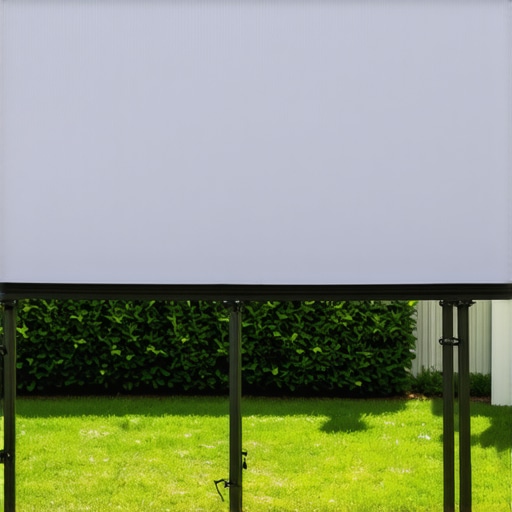 Vinyl Outdoor Projector Screen Setup A sturdy vinyl projector screen installed outdoors in a lush garden, fully taut and ready for use.