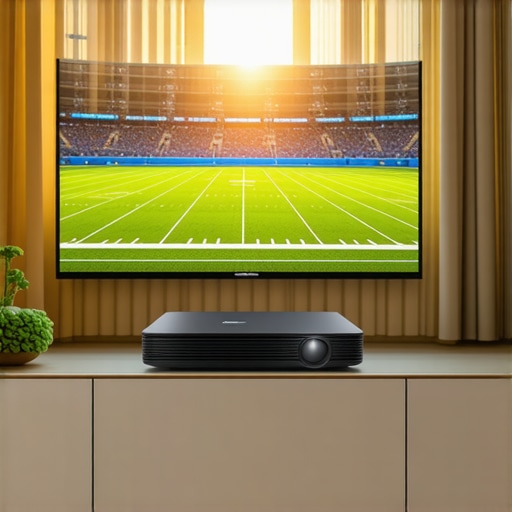 4K Laser Projector in Bright Living Room A bright 4k laser projector setup displaying sports in a sunlit room.