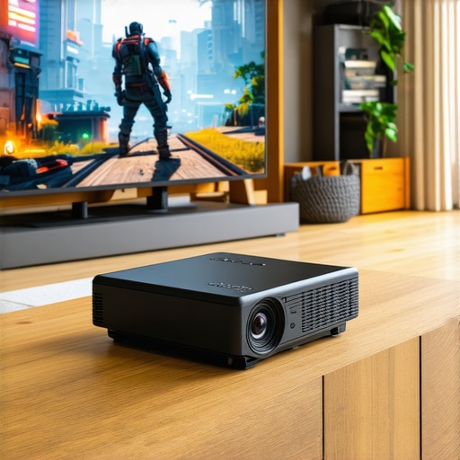 A laser projector displaying a high-contrast video game on a large screen in a well-lit apartment.