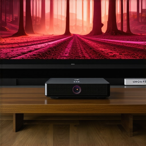 A 4K ultra short throw laser projector displaying a cinematic image in a modern living room.