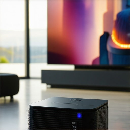 A high-end 4K ultra short throw projector displaying a clear movie scene on a specialized screen in a brightly lit room.